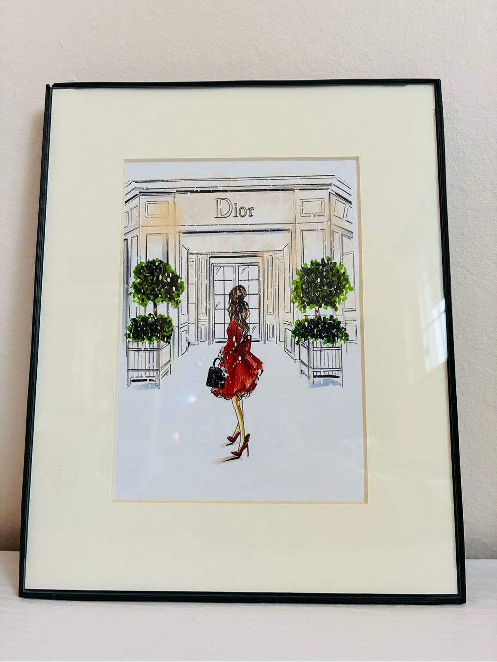 Dior Framed Illustration - Red Dress with Green Topiary